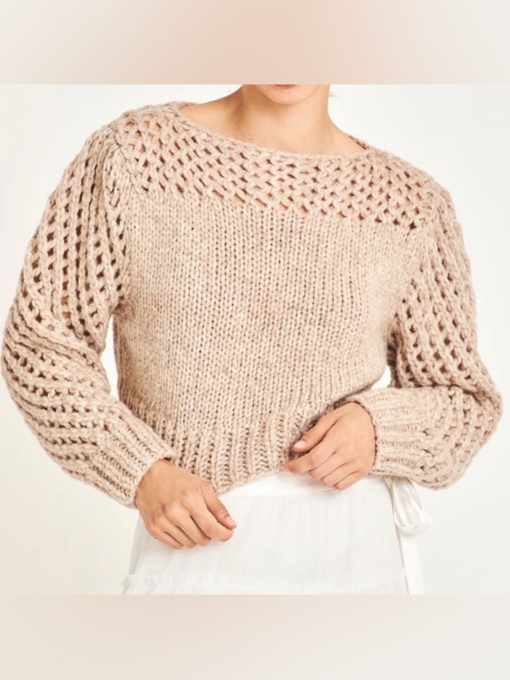 LoveShackFancy Rosie Pullover Sweater XL Baby Alpaca Wool Open Knit Cropped Cozy